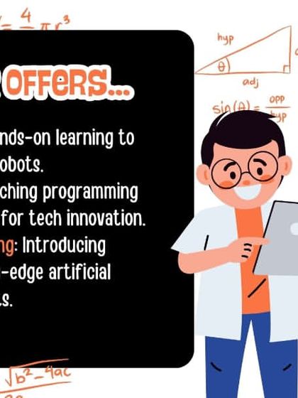 This graphic details our core offerings: hands-on robotics classes, coding courses, and AI and Machine Learning programs that introduce students to cutting-edge concepts.