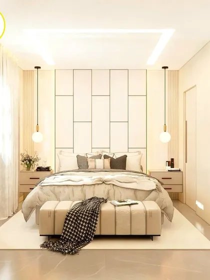 A full view of the bedroom, showcasing the symmetrical design and the luxurious, hotel-like ambiance we created.
