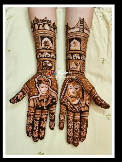 This bridal design was for a client from San Francisco. I incorporated her story by including bride and groom portraits along with the iconic Golden Gate Bridge and other personal motifs.