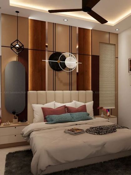 Another view of the modern bedroom, showing the photo gallery wall and the overall stylish aesthetic.
