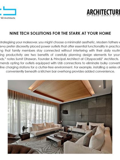 An article in Architecture+Design featuring our founder's tips on tech solutions for the home, emphasizing a clutter-free look with concealed wiring and minimalist decor.