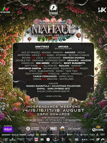 The massive, full lineup for the 'Mahaul' Independence Weekend festival in Goa. The lush, magical artwork is incredible.