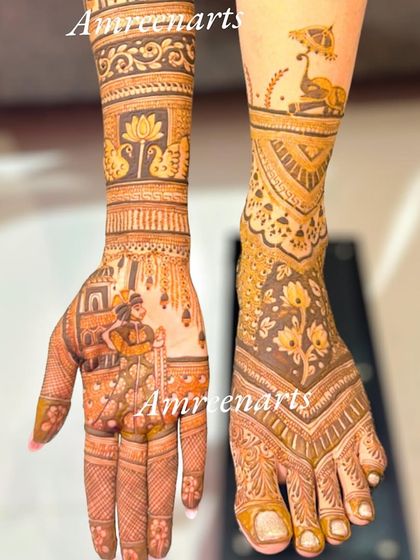 A combined view of a hand and foot design, showing a groom's portrait on the palm and a doli scene on the foot.