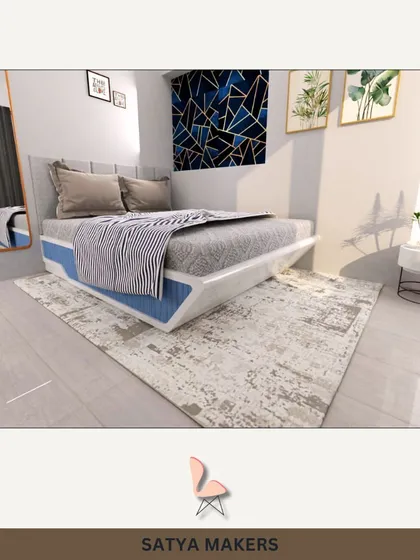 A 3D render of a bedroom with a blue accent wall and a patterned rug.