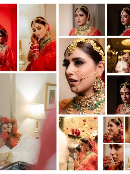 A collage of stunning bridal portraits. It shows the bride in various moments of getting ready, capturing her beauty and anticipation from different perspectives.