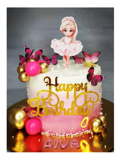 A beautiful ballerina and butterfly cake with a fresh mango flavor. The pink and gold decorations make this a perfect choice for a little princess's birthday.