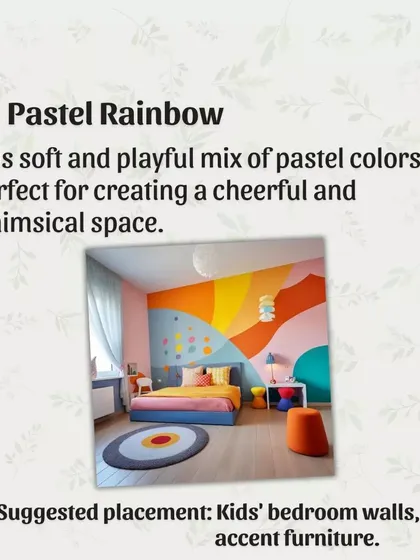 The Pastel Rainbow palette is a soft and playful mix of colors. This cheerful and whimsical combination is perfect for creating a fun and inspiring space, especially in kids' bedrooms.