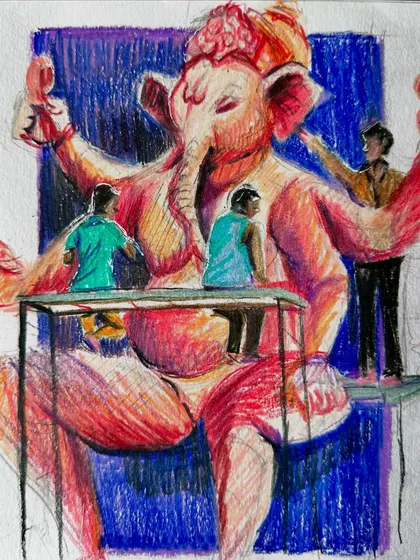 A high-quality scan of my colored pencil sketch from the Ganpati workshop. The vibrant reds and oranges against the deep blue background create a powerful contrast.