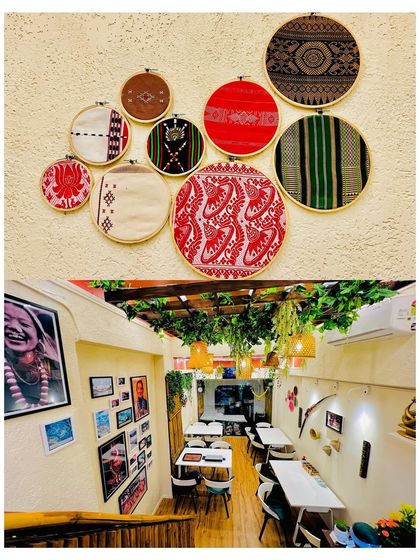 Every corner of Singju tells a story. The top image shows a collection of traditional Northeastern textiles, each with its own unique pattern and history, framed in embroidery hoops. The bottom image gives a wider view of our dining space, where photos and art adorn the walls, creating a gallery of our heritage.
