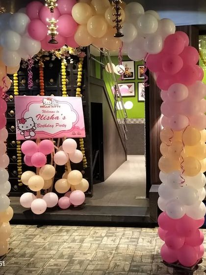 The entrance to the Hello Kitty party, showing the welcome sign and balloon arch that immediately sets a fun and inviting tone.