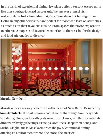 Another snapshot from the Elle Decor feature on Masala. The article describes the restaurant as a "sensory adventure" with color-coded zones that create distinct auras for different dining experiences.