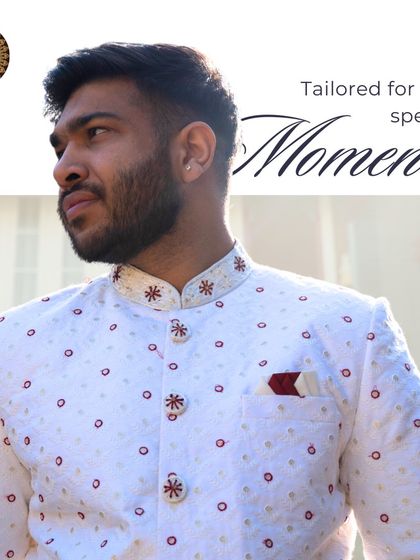 Tailored for your special moments. A close-up of our white and red embroidered sherwani, highlighting the detailed work that makes each piece unique.