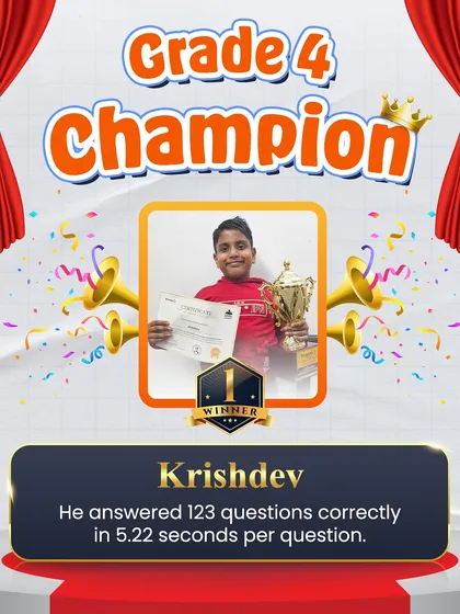 Meet Krishdev, the Grade 4 Champion of our National Arithmetic Championship. He demonstrated his skills by correctly solving 123 questions at a blistering pace of 5.22 seconds per question.