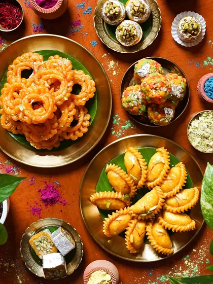 A top-down flatlay of Holi sweets like Gujiyas and Imarti, arranged on brass plates with banana leaves. The scattered colors and warm lighting create a vibrant and inviting festive scene.