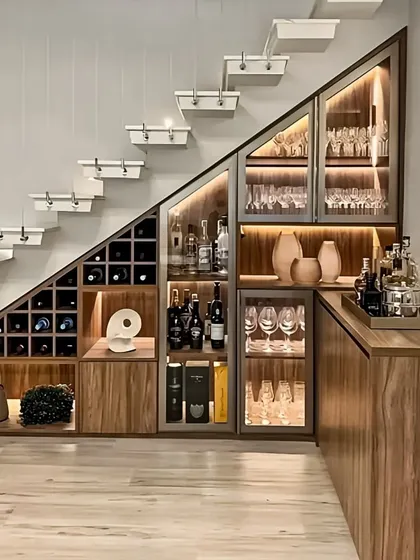 I love transforming unused areas into functional, beautiful features. Here, I designed a custom bar and crockery unit to fit perfectly under a staircase, featuring a dedicated wine rack, glass-front cabinets with internal lighting, and a serving counter.