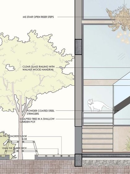 Our technical drawings communicate both concept and construction. This detailed section from the Vagator Villas project illustrates a vertical cut through the building, clarifying the assembly of stairs, planters, and facade elements for our construction partners.
