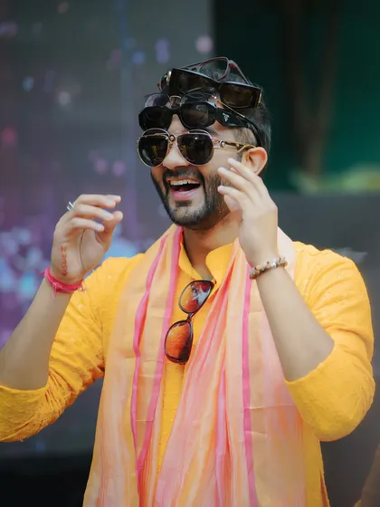 The groom shares a laugh during a playful moment at his Haldi. Capturing genuine laughter is one of my favorite parts of the job.