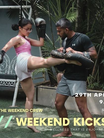 The official poster for our "Weekend Kicks" event, showing a member in action.