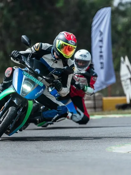 Close racing action during the Ather EV festival. Our track provides the perfect test bed for manufacturers to push the R&D of their electric vehicles in a high-performance setting.