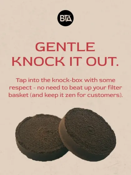 Even small details matter. We train baristas on proper equipment handling, like gently knocking out the coffee puck to protect the portafilter and maintain a calm cafe environment.