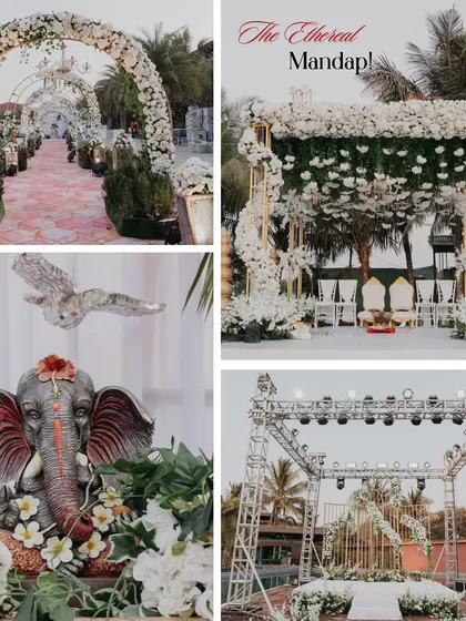 A collage showcasing the elements of our ethereal mandap design, including the grand floral entrance, Ganesha idol, and the stunning poolside stage.