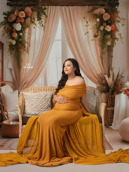A serene portrait in our earthy, boho-themed setup. The mustard gown complements the neutral tones of the dried flowers and pampas grass.