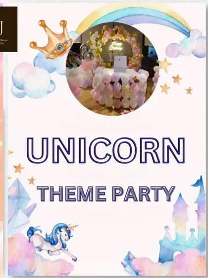 A graphic advertising my Unicorn theme party services, showcasing the magical and dreamy setups I can create.