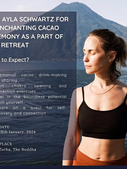 Join us for an enchanting Cacao Ceremony guided by Ayla Schwartz as part of our upcoming retreat. A sacred journey of the heart awaits.