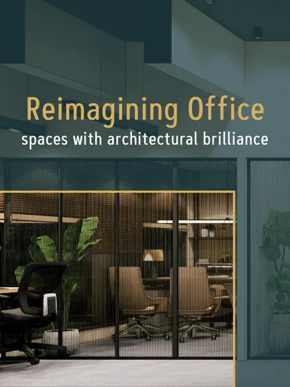 This graphic collage showcases different zones within our office design, from private cabins to collaborative areas, under the theme of "Reimagining Office spaces with architectural brilliance."