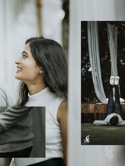 A collage showing both a playful, relaxed pose and a close-up, loving gaze from a garden pre-wedding shoot.