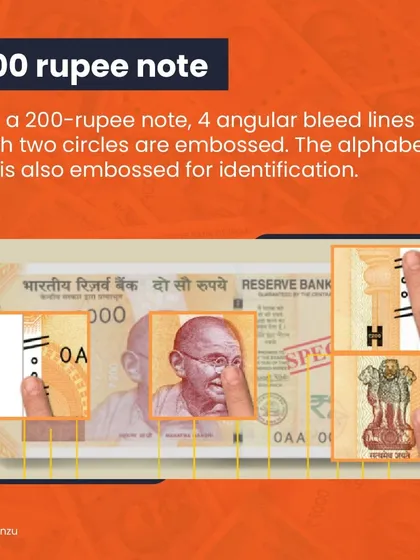 The letter 'H' and 4 angular bleed lines with two circles are the identifying marks on the 200-rupee note.