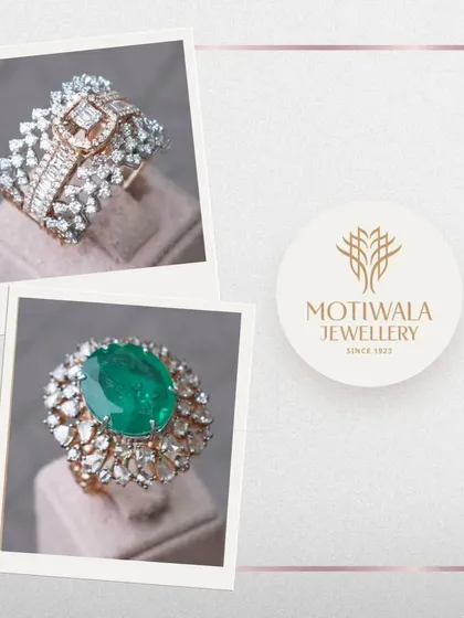 A collage showcasing two of our magnificent statement rings, one with a large oval emerald and the other a modern diamond design.