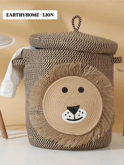 Here is another version of the lion laundry basket, crafted from a stylish black and beige patterned rope. It offers a more modern, neutral look while still being playful.