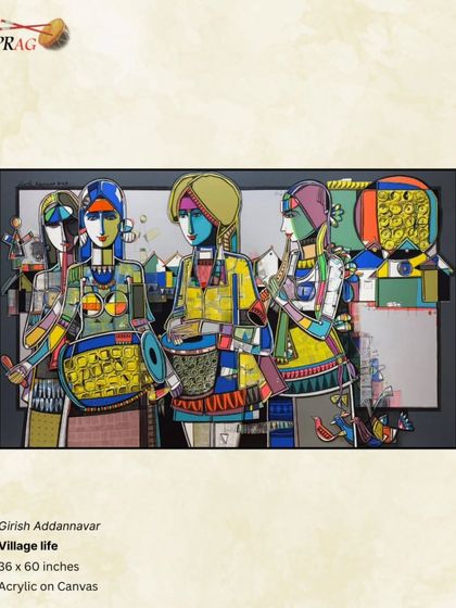'Village life' by Girish Adannavar, a vibrant and complex composition showing women engaged in daily activities, rendered in his unique, geometric folk style.