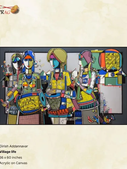 'Village life' by Girish Adannavar, a vibrant and complex composition showing women engaged in daily activities, rendered in his unique, geometric folk style.