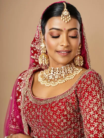 This look captures pure bridal bliss. The warm, shimmery eyeshadow and glowing skin create a radiant effect, perfect for a traditional wedding ceremony.