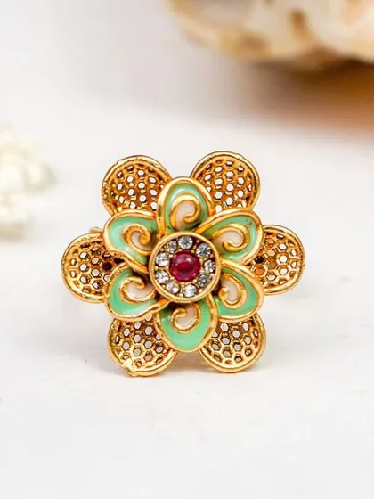 A traditional floral ring shot on a clean white background with minimal props. This highlights the intricate design and colors of the piece, making it ideal for catalogue or website product pages.