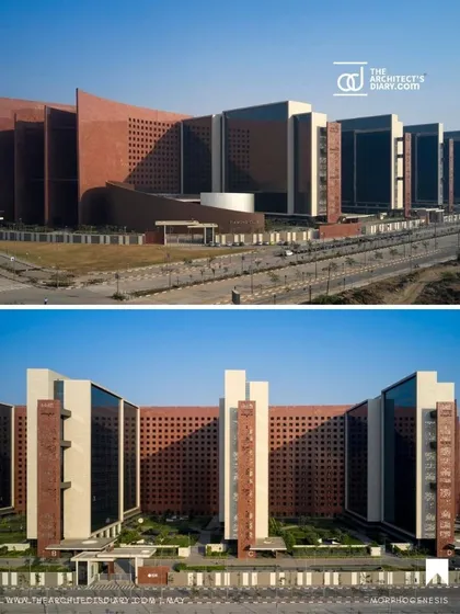 A comparative view of the Surat Diamond Bourse facade, showing the interplay of solid and glazed surfaces. The design balances the need for daylight with the imperative to control heat gain in Surat's hot climate.