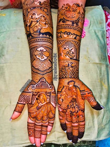 A matching set of bridal portraits on both hands. One arm features the bride in her doli, while the other shows a couple's portrait, creating a balanced and narrative design.
