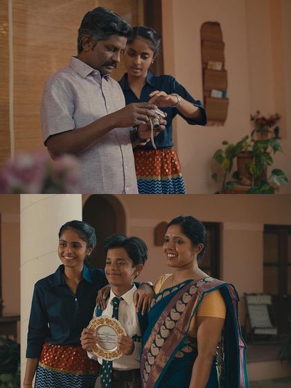 These shots from the Dalmia Cement TVC show the family celebrating an achievement. The mother's elegant saree and the children's smart outfits reflect a proud family moment.