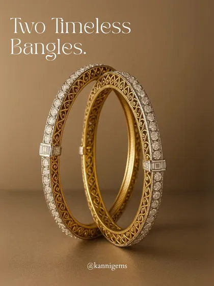 Here are two bangles that tell one timeless story. Crafted with intricate gold filigree and wrapped in a layer of brilliant diamonds, this pair is a nod to craftsmanship that values detail, precision, and a sense of permanence. They are made for wrists that carry tradition into the now.