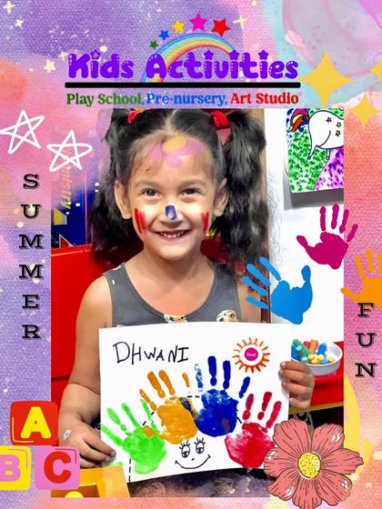 Summer fun is all about smiles and colors. This happy camper, with her face painted and colorful handprint art, perfectly captures the spirit of our summer program: pure, creative joy.