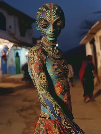 A traveler or 'Musafir' from my 'Metaforms' series. This character is an alien-like being covered in intricate, tattoo-like patterns, standing in a village lane at dusk.