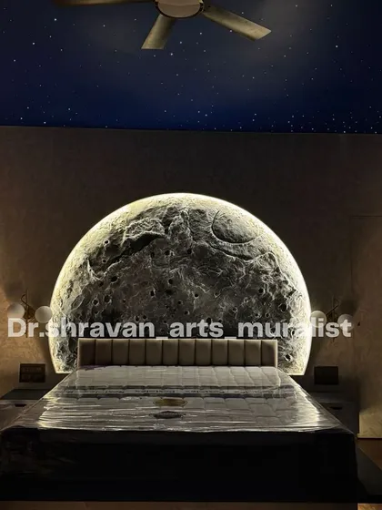 I believe a bedroom should be a sanctuary, and this backlit moon mural serves as the perfect headboard. I sculpted every crater by hand to create a realistic, touchable texture that provides a gentle glow, making you feel like you're sleeping under the stars.