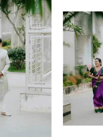 A diptych of the bride and groom, capturing their individual portraits in a modern, architectural setting.