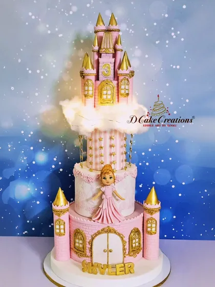 Another view of the breathtaking princess castle cake, showcasing its height and the detailed architecture of the edible castle.