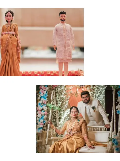 A side-by-side comparison showing our custom dolls next to a photo of the couple, demonstrating how we match the outfits and look for a truly personalized product.