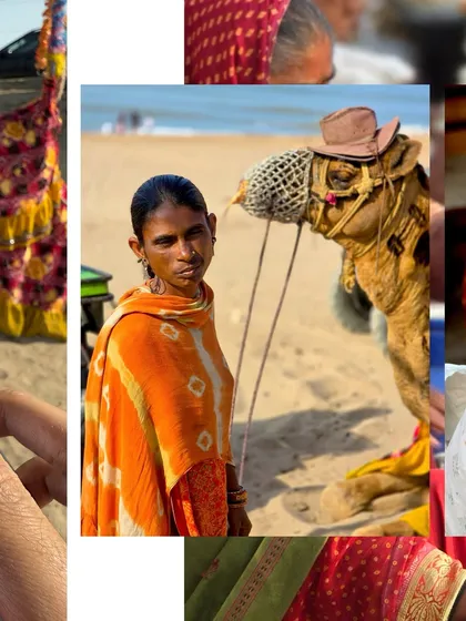 A portrait of a woman with her camel on the beach in Porbandar, Gujarat.