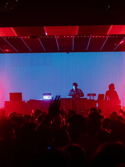 A shot from the crowd's perspective, with the stage lights creating a powerful silhouette. It's all about the shared experience on the dancefloor.