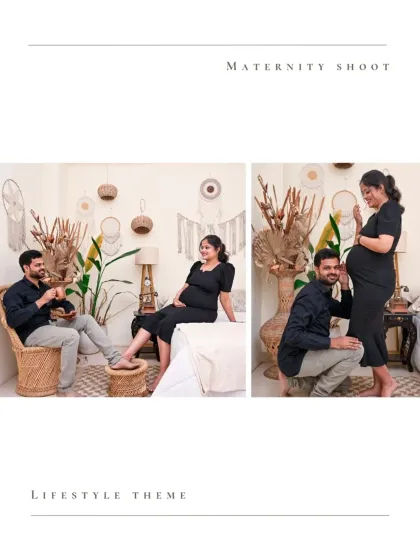 This graphic highlights our lifestyle theme with two candid-style shots. It shows the partner playfully listening to the baby bump, capturing the fun and joy of the pregnancy journey.